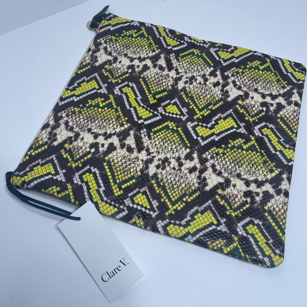 Clare Vivier Clare V. Clutch Fold Over Zip Leather Yellow Riviera Snake - Picture 3 of 6
